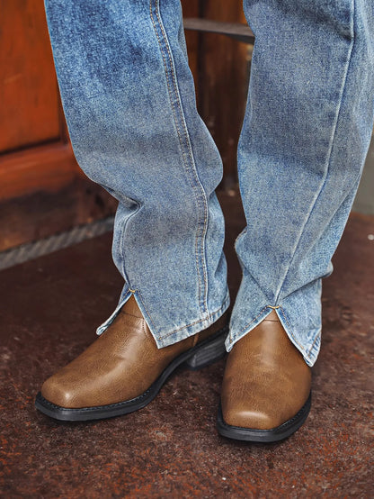 Men's Cowboy Boots Harness Strap Side Zip Square Toe
