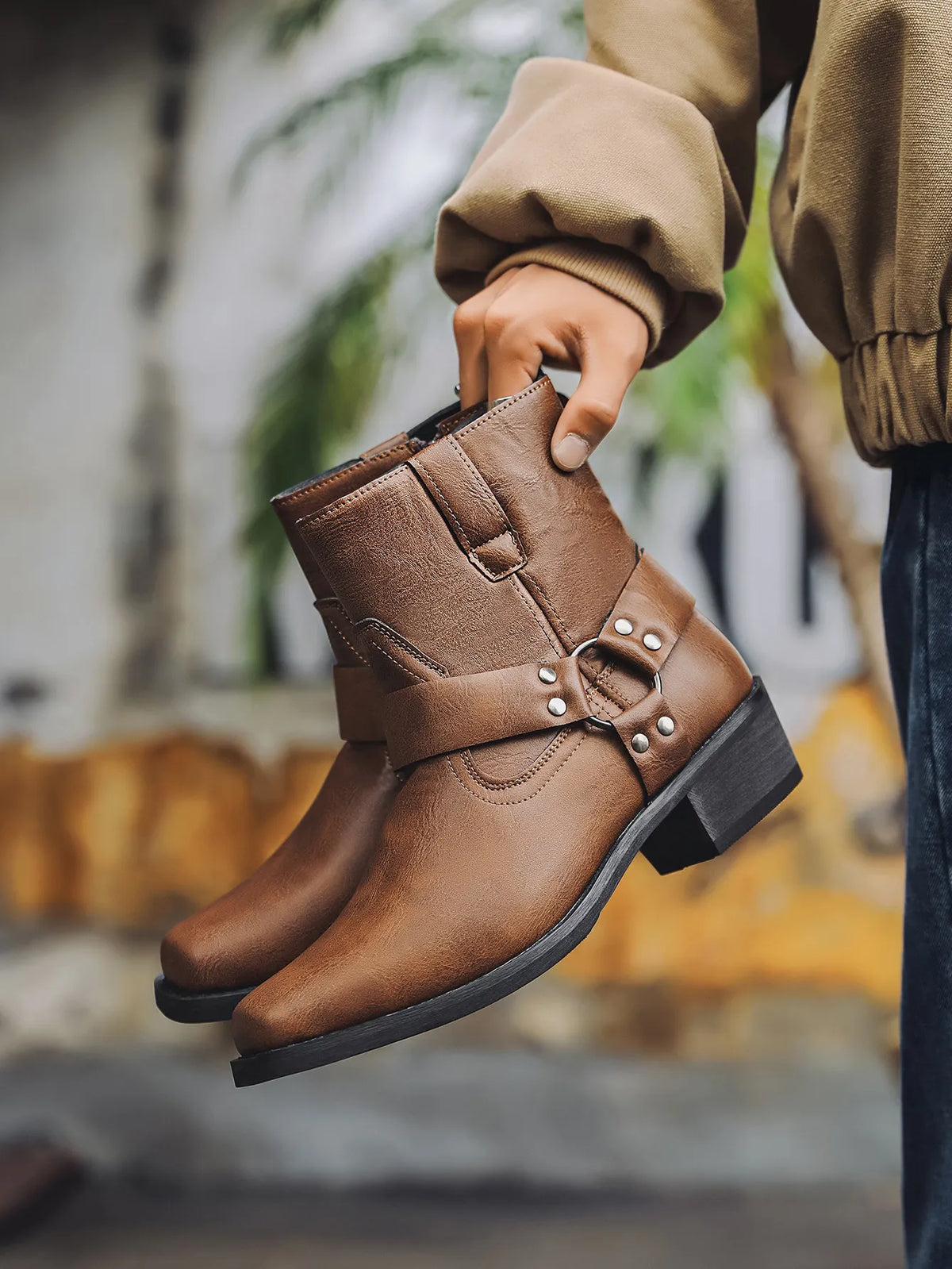 Men's Cowboy Boots Harness Strap Side Zip Square Toe