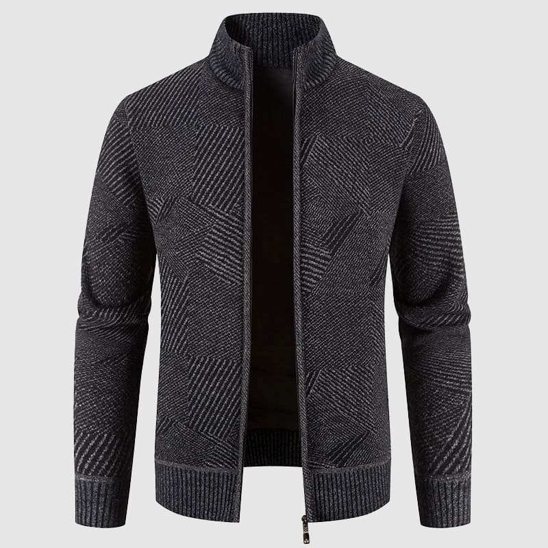 Men's Geometric Knit Zip Cardigan - Mock Neck Style for Smart Casual Wear