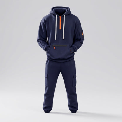 Men's Half-Zip Hooded Tracksuit Set Cargo Pockets Relaxed Fit