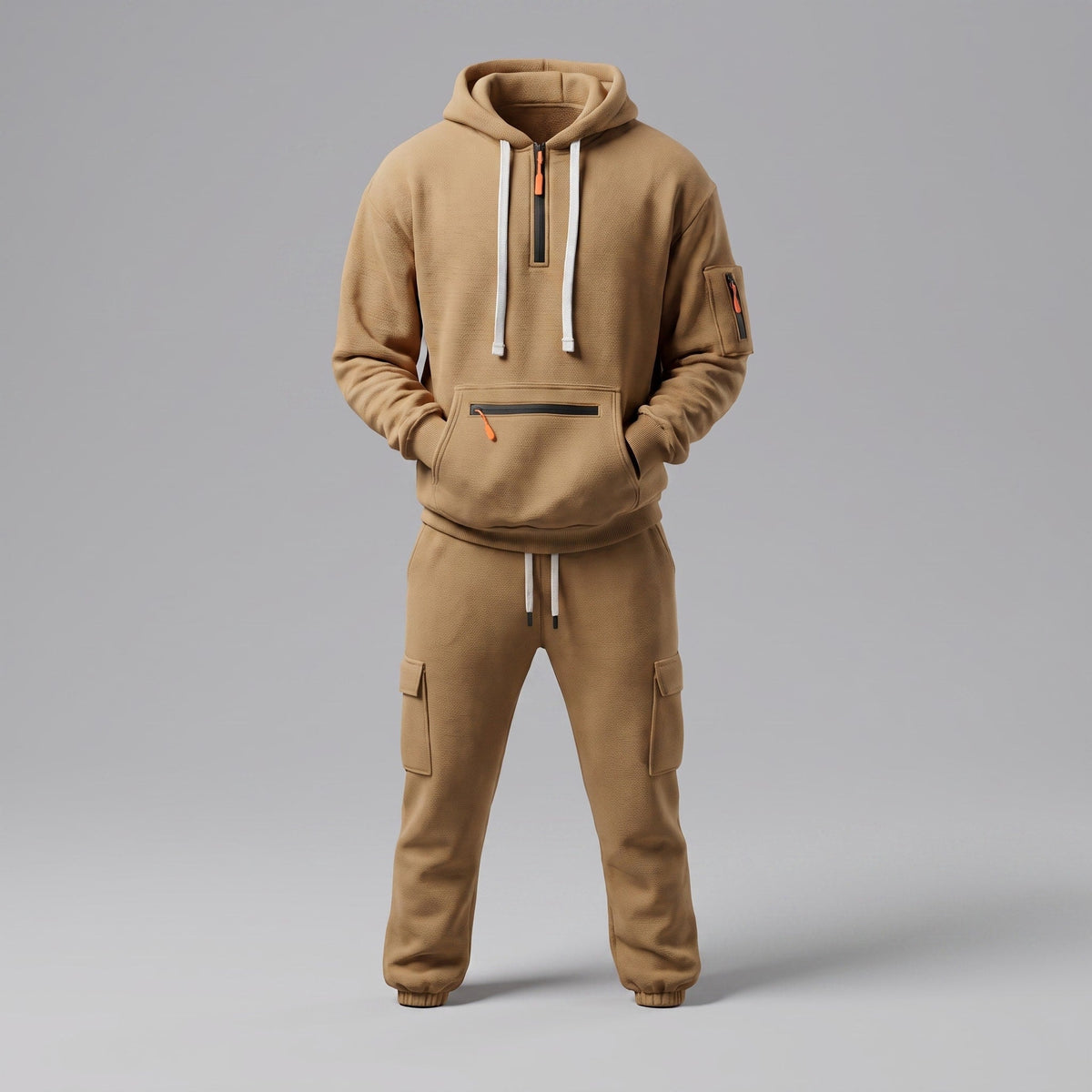Men's Half-Zip Hooded Tracksuit Set Cargo Pockets Relaxed Fit