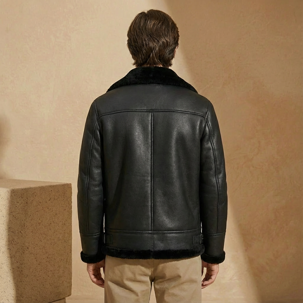 Men's Jacket Wide Flat Collar Slit Pockets Belt with Sherpa Lining
