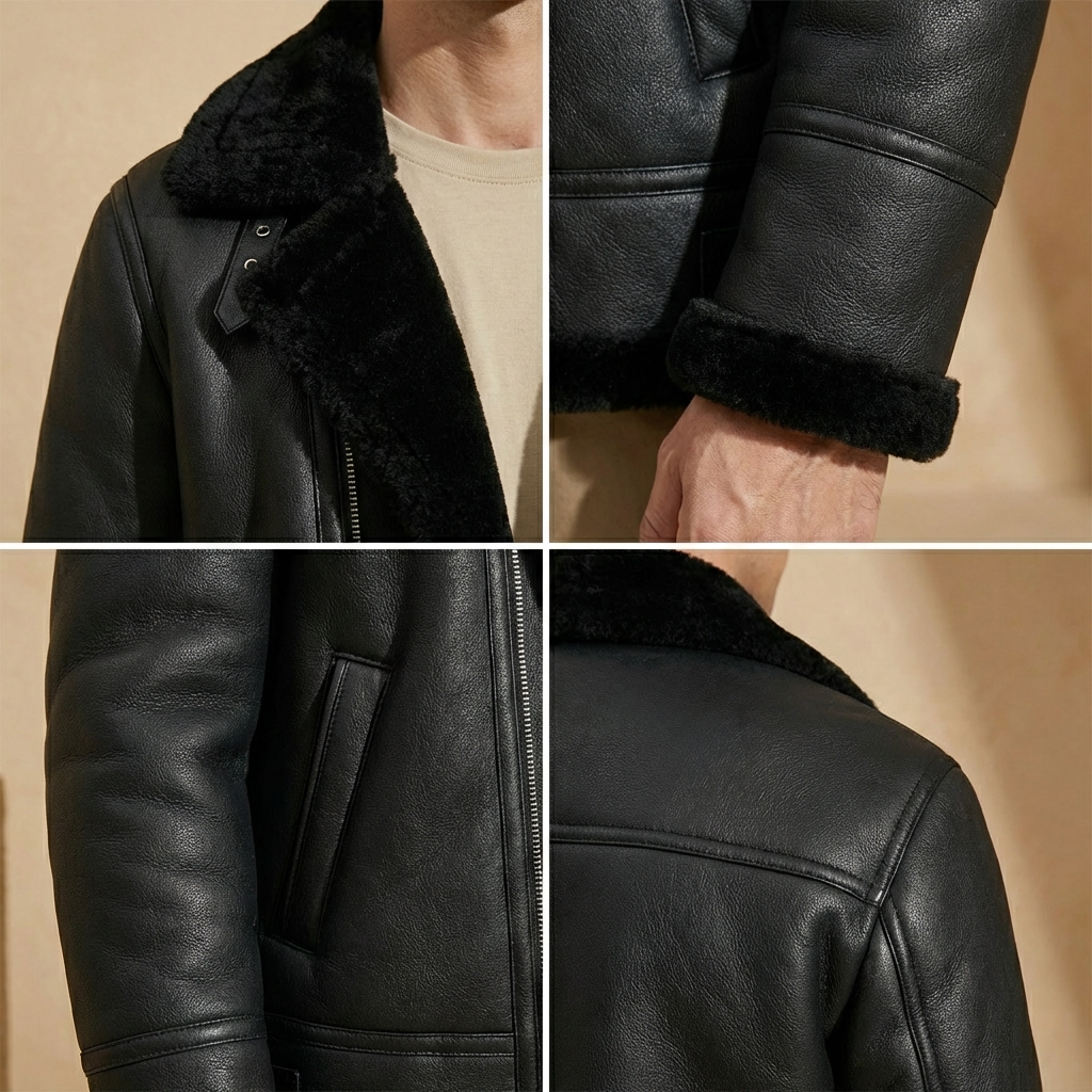 Men's Jacket Wide Flat Collar Slit Pockets Belt with Sherpa Lining