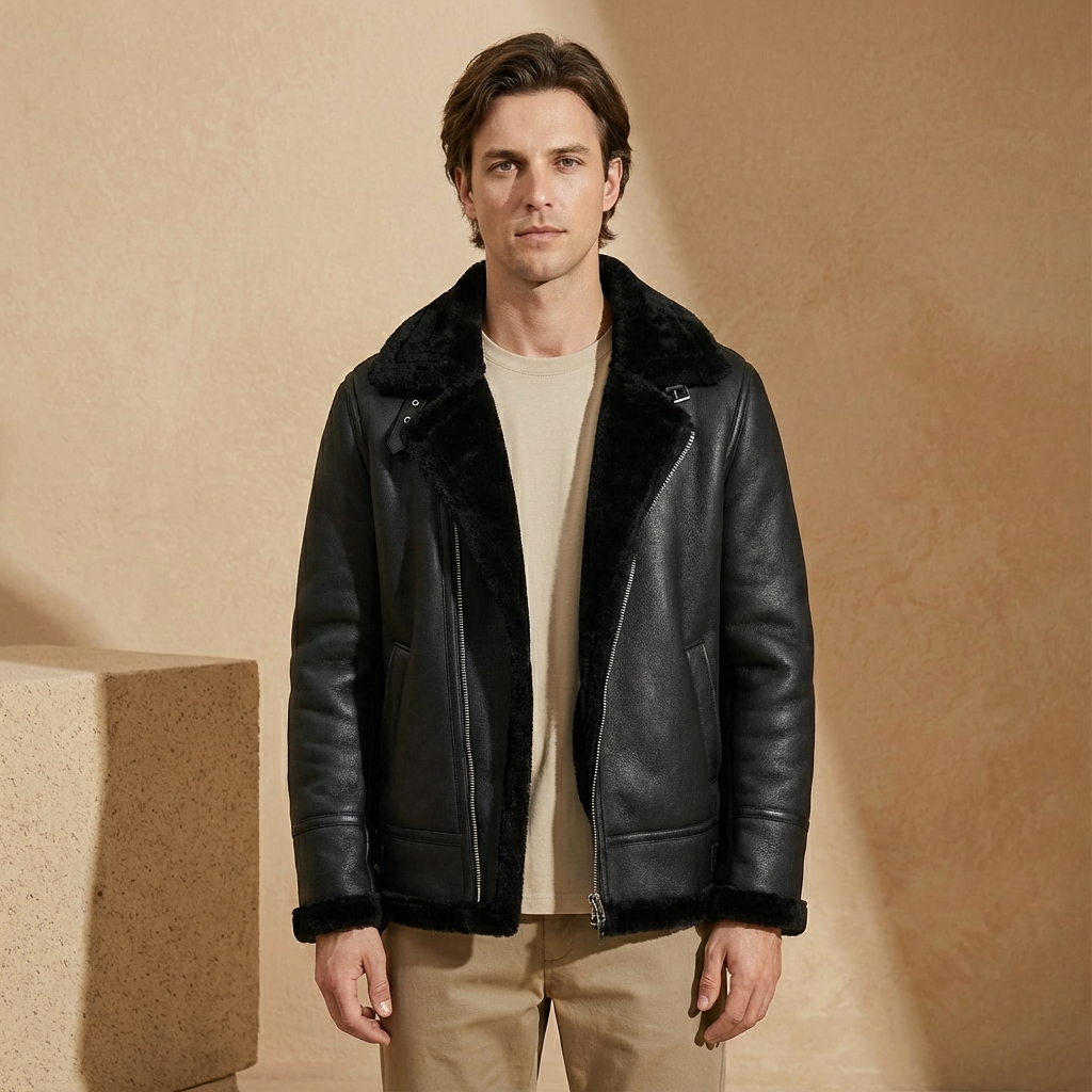 Men's Jacket Wide Flat Collar Slit Pockets Belt with Sherpa Lining