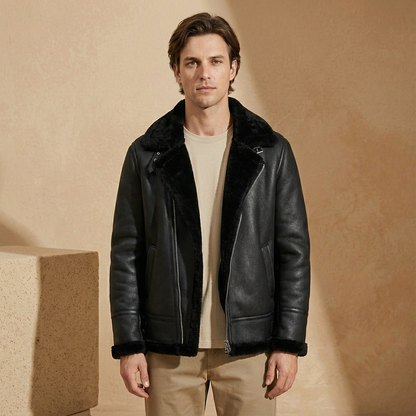 Men's Jacket Wide Flat Collar Slit Pockets Belt with Sherpa Lining