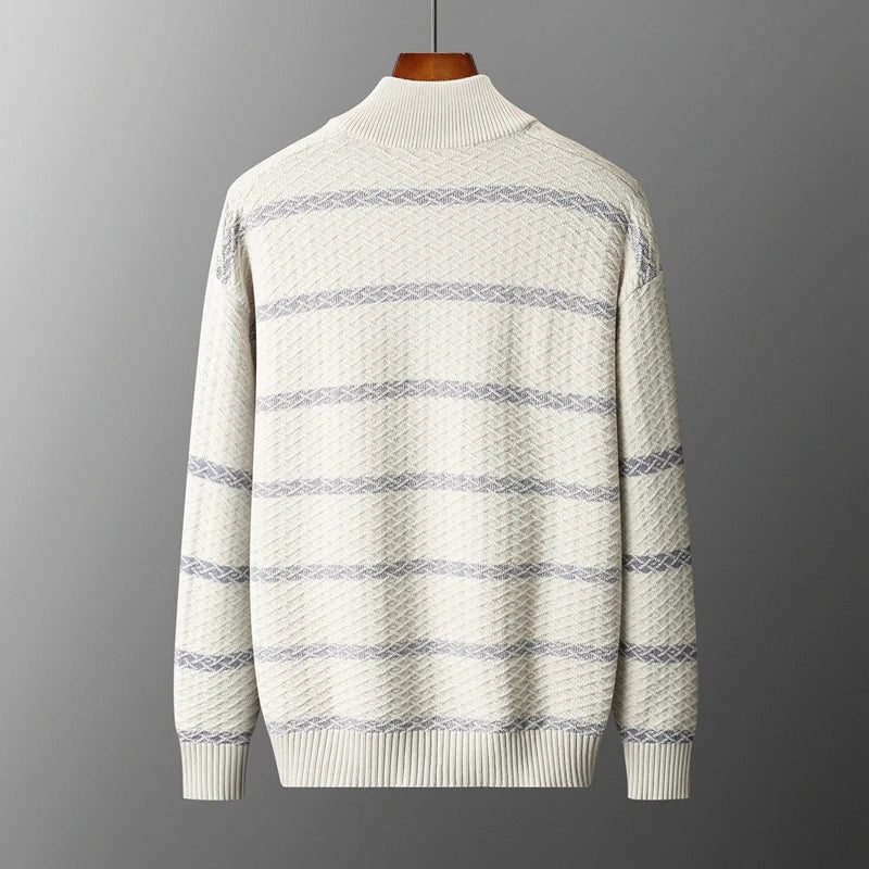 Men's Knit Sweater Zip Up Stand Collar Ribbed Cuffs with Woven Pattern