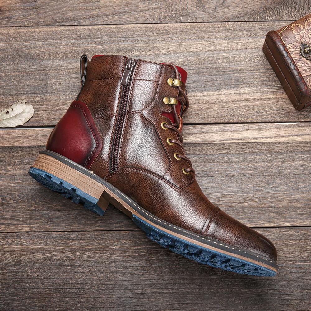 Men's Lace-Up Ankle Boots Rounded Toe Raised Heel Base
