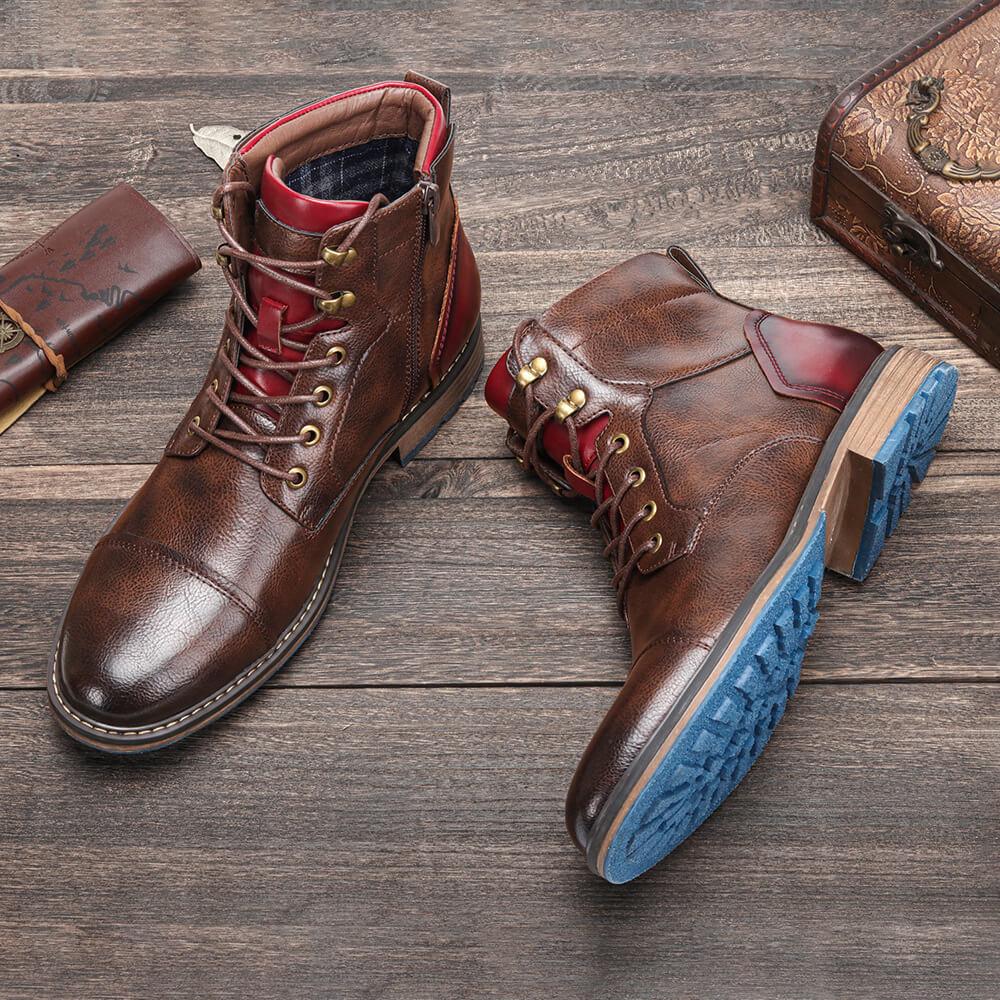 Men's Lace-Up Ankle Boots Rounded Toe Raised Heel Base
