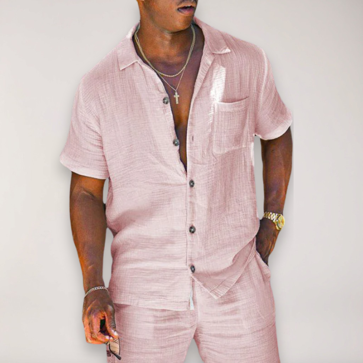 Men’s Linen Summer Ensemble – Short Sleeve Shirt & Shorts for Warm Weather Wear