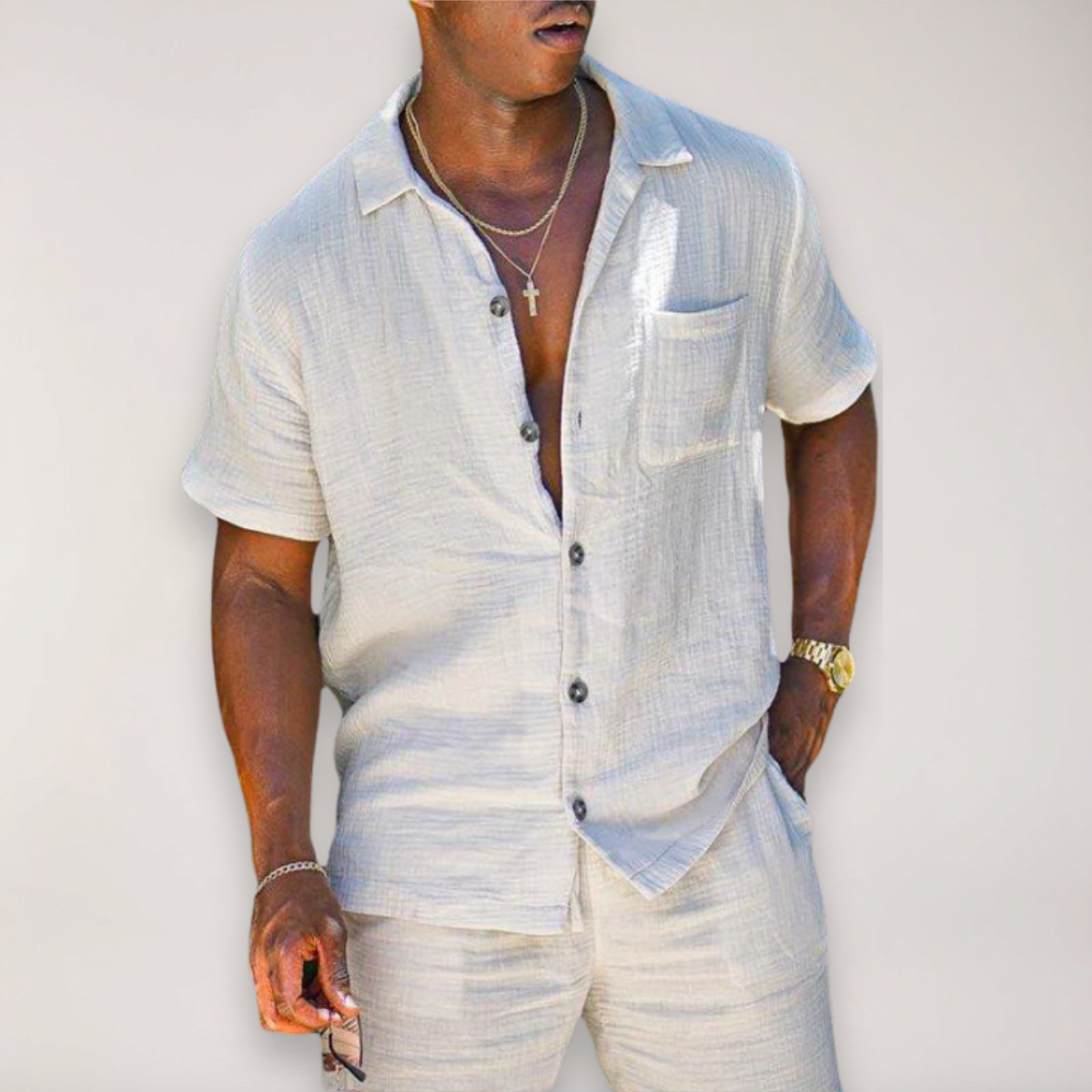 Men’s Linen Summer Ensemble – Short Sleeve Shirt & Shorts for Warm Weather Wear