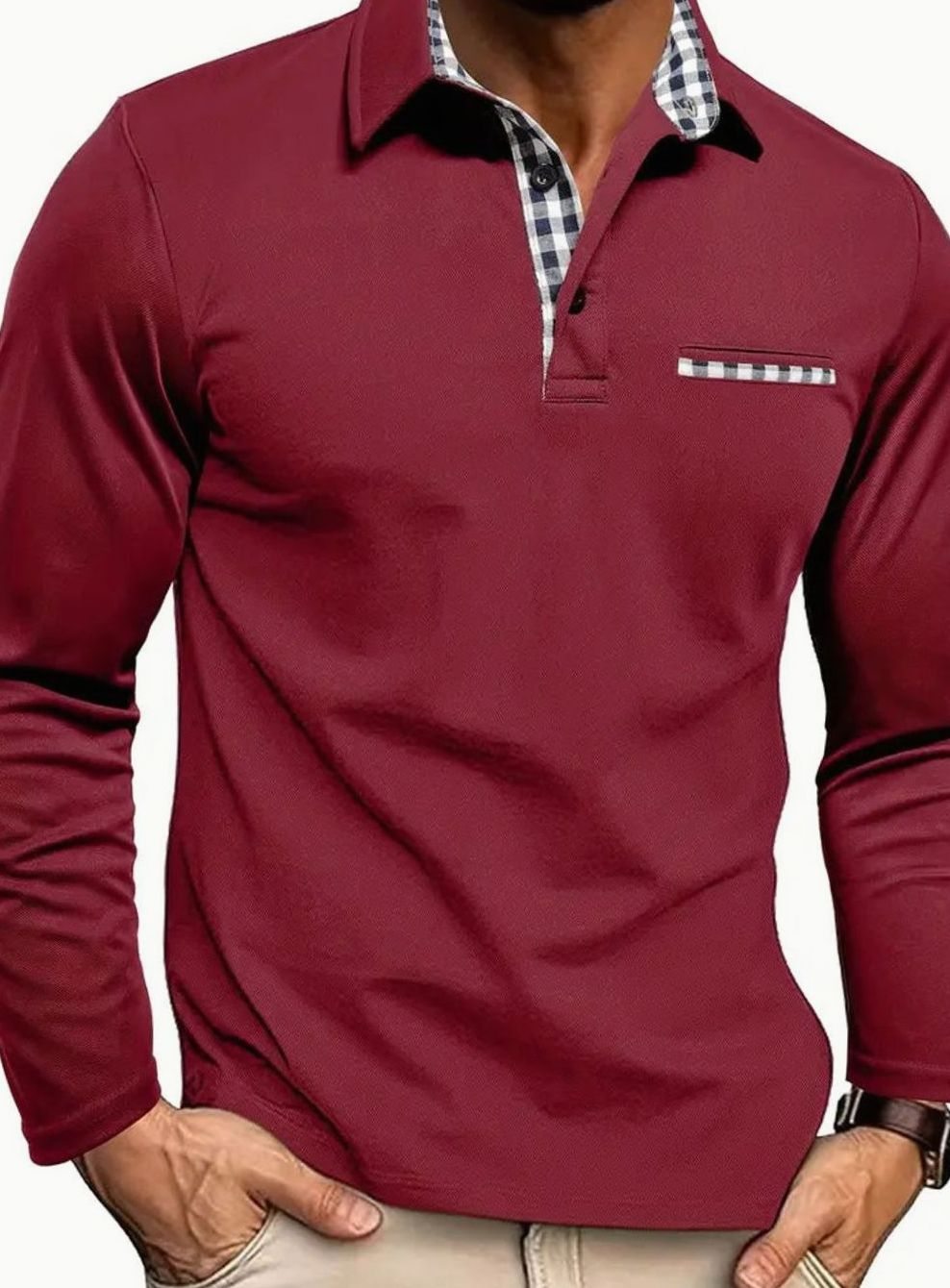 Men's Long Sleeve Polo Shirt | Plaid Collar Design