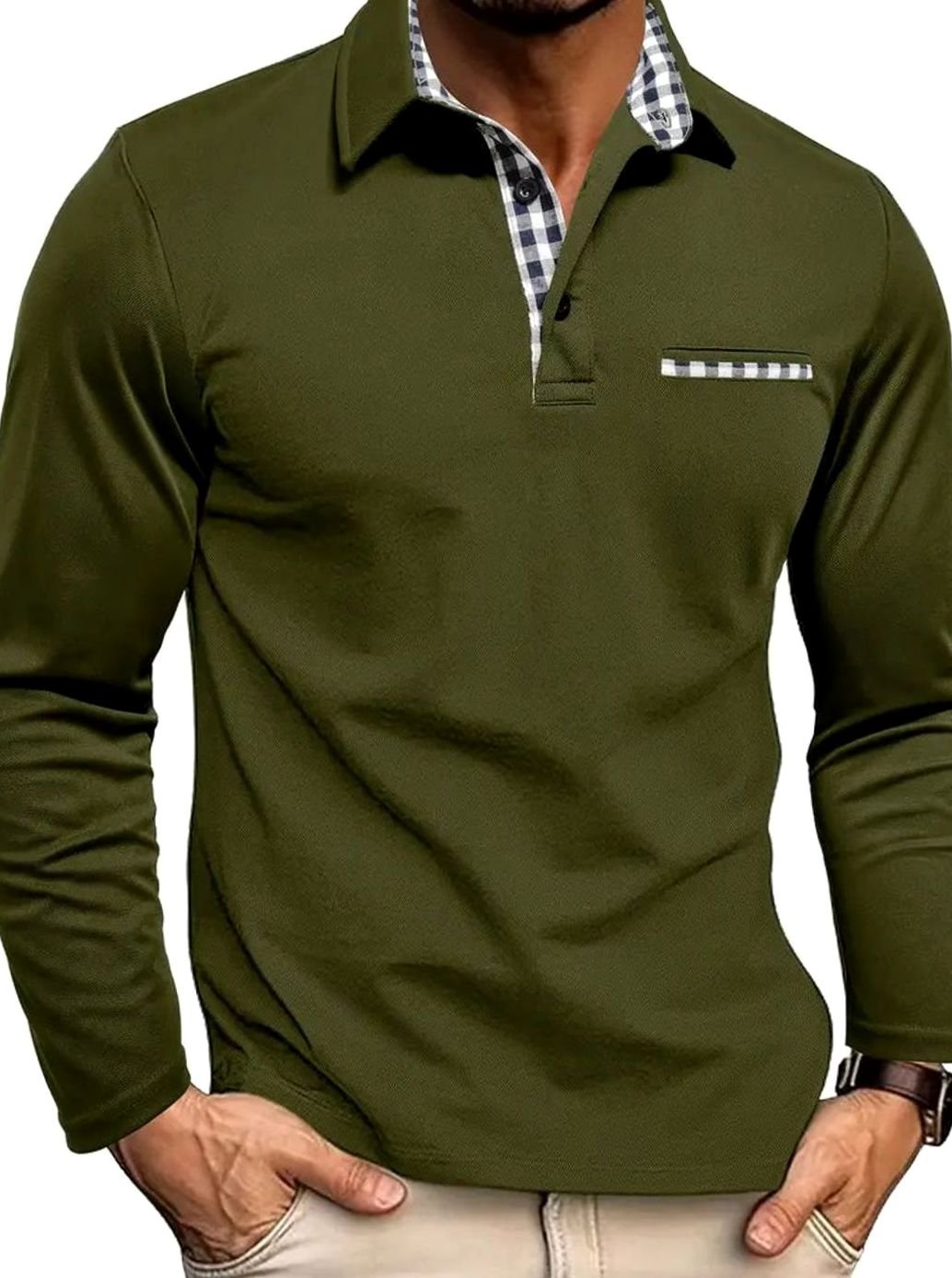 Men's Long Sleeve Polo Shirt | Plaid Collar Design