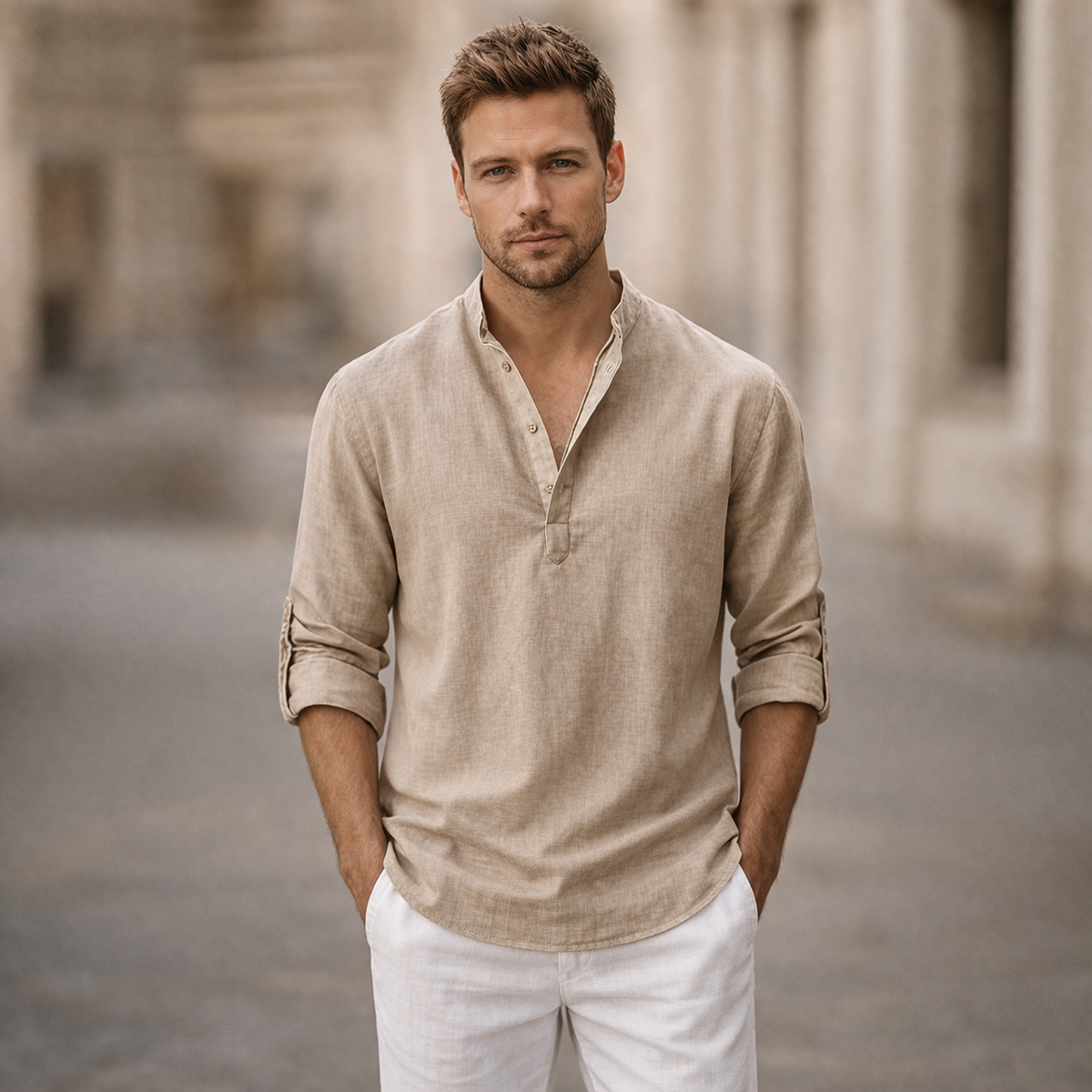Men's Long Sleeve Polo Shirt | Stand Collar & Roll Sleeve