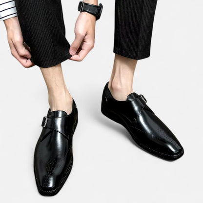 Men's Monk Strap Brogue Shoes Square Toe Low-Profile Sole