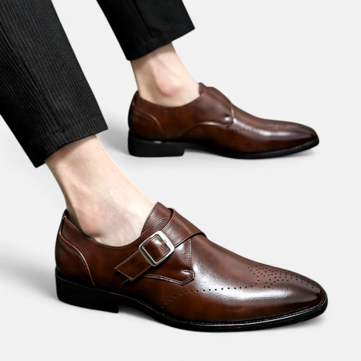Men's Monk Strap Brogue Shoes Square Toe Low-Profile Sole
