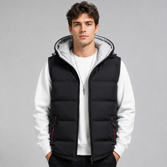 Men's Puffer Vest Hooded Full Zip Horizontal Quilting with Pockets