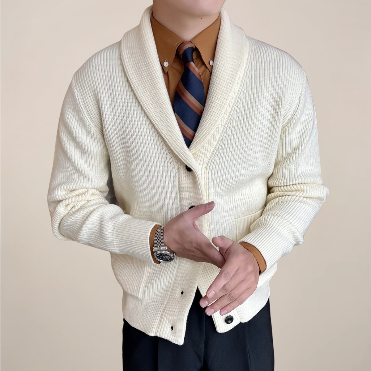 Men's Ribbed Knit Cardigan Sweater with Shawl Collar for Smart-Casual Wear