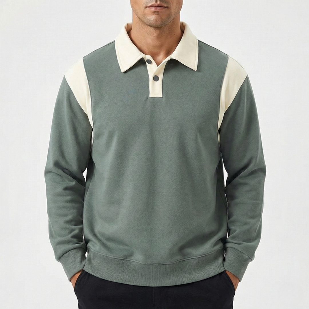 Men's Rugby Shirt Two-Tone Ribbed Cuffs Turn-Down Collar