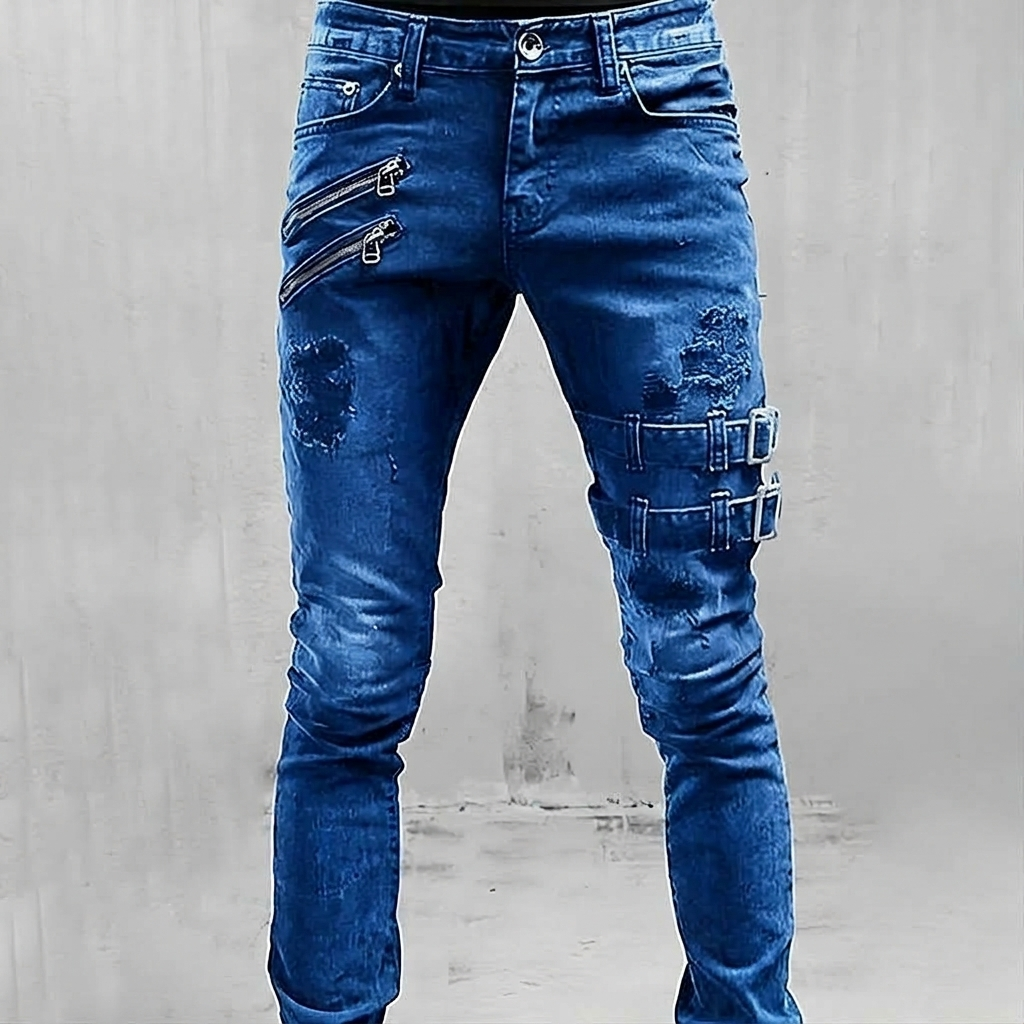 Men's Skinny Jeans Distressed Ripped Zip Pocket with Buckle Straps