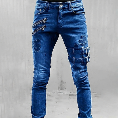 Men's Skinny Jeans Distressed Ripped Zip Pocket with Buckle Straps