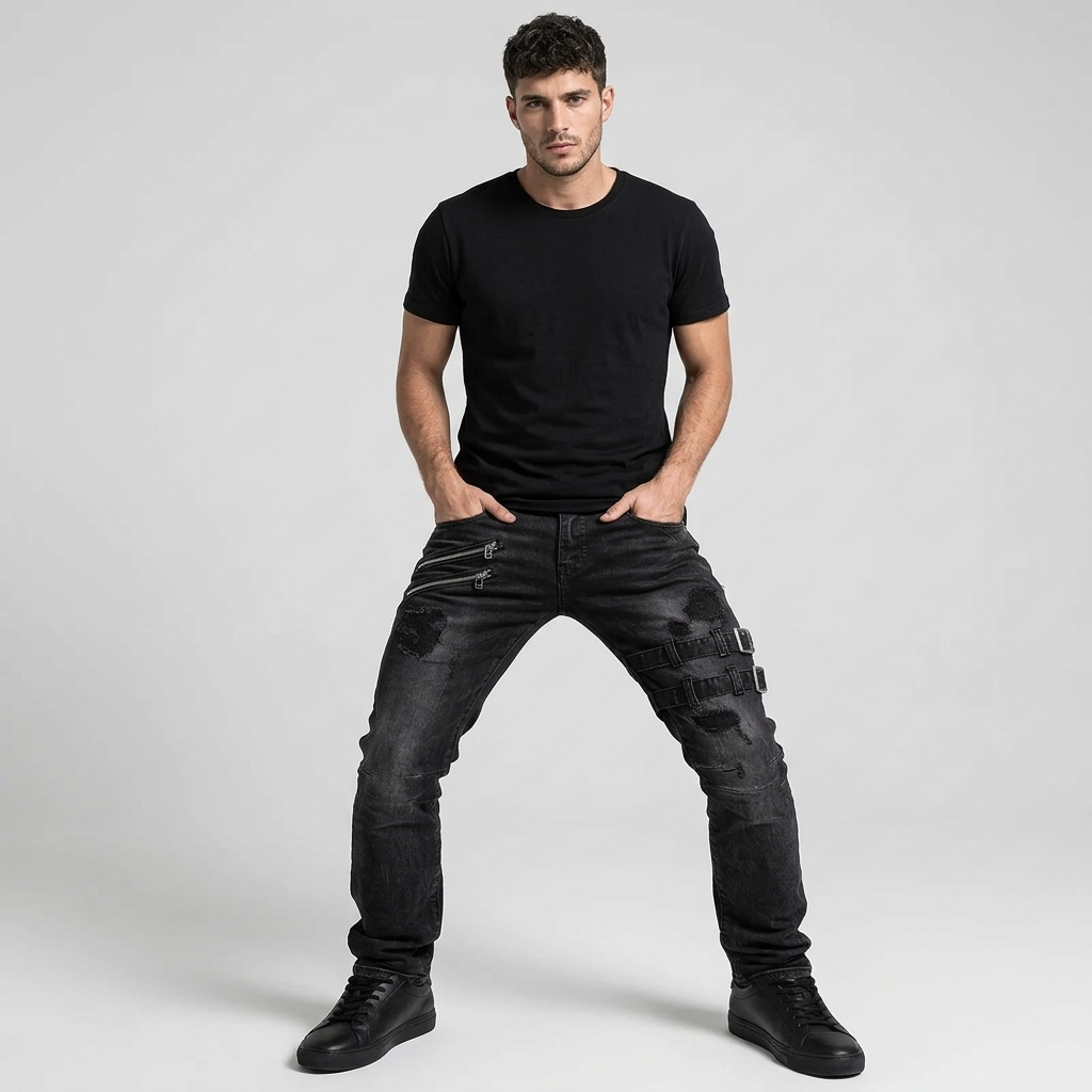 Men's Skinny Jeans Distressed Ripped Zip Pocket with Buckle Straps