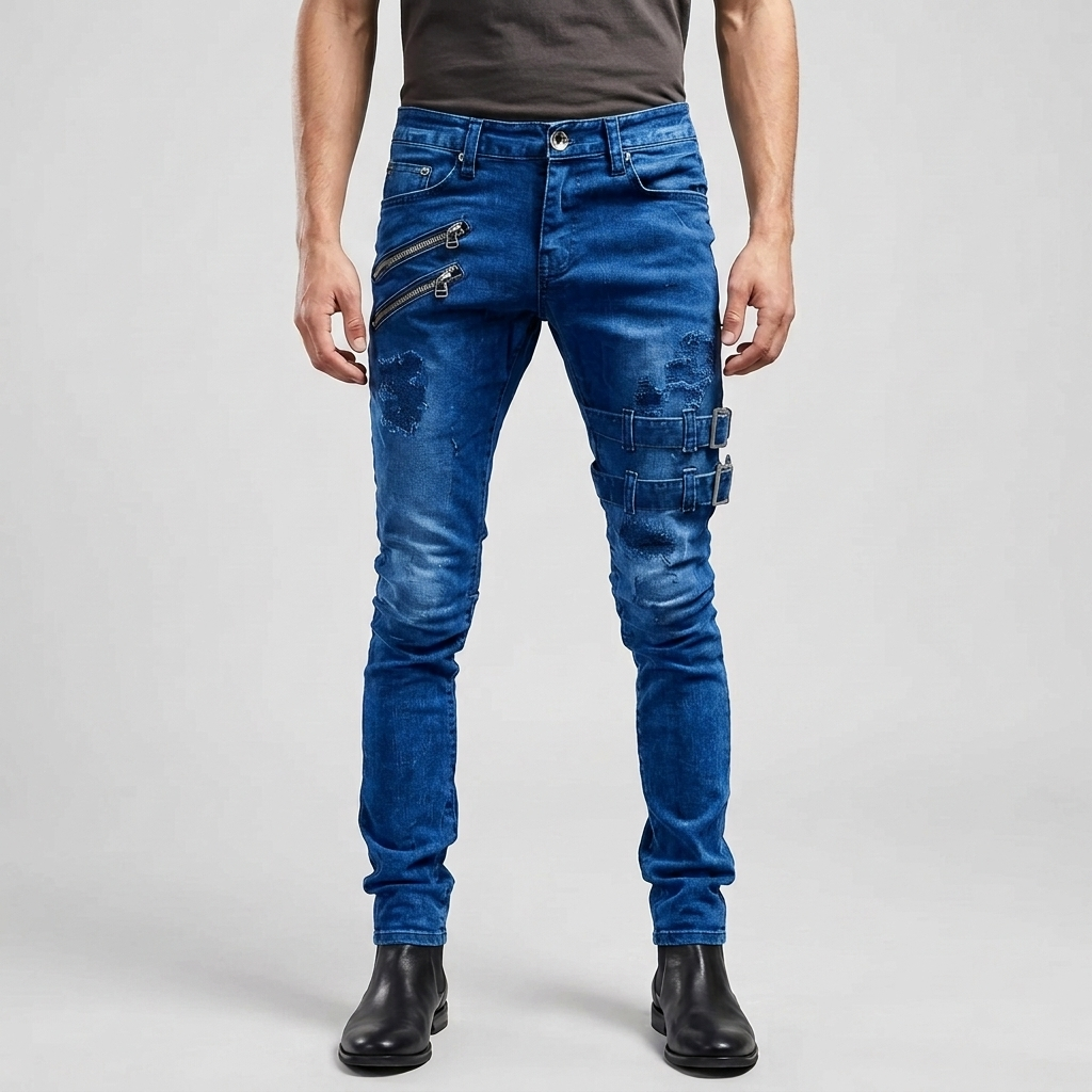 Men's Skinny Jeans Distressed Ripped Zip Pocket with Buckle Straps