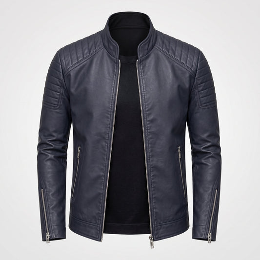 Men's Slim Fit Biker Jacket Stand Collar Zip Front