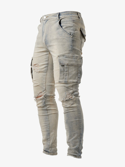 Men's Slim Fit Cargo Jeans Utility Pockets Tapered Leg