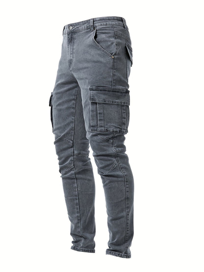 Men's Slim Fit Cargo Jeans Utility Pockets Tapered Leg
