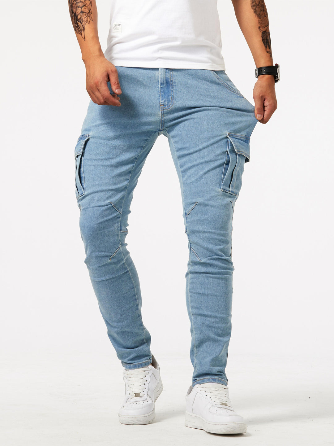 Men's Slim Fit Cargo Jeans Utility Pockets Tapered Leg