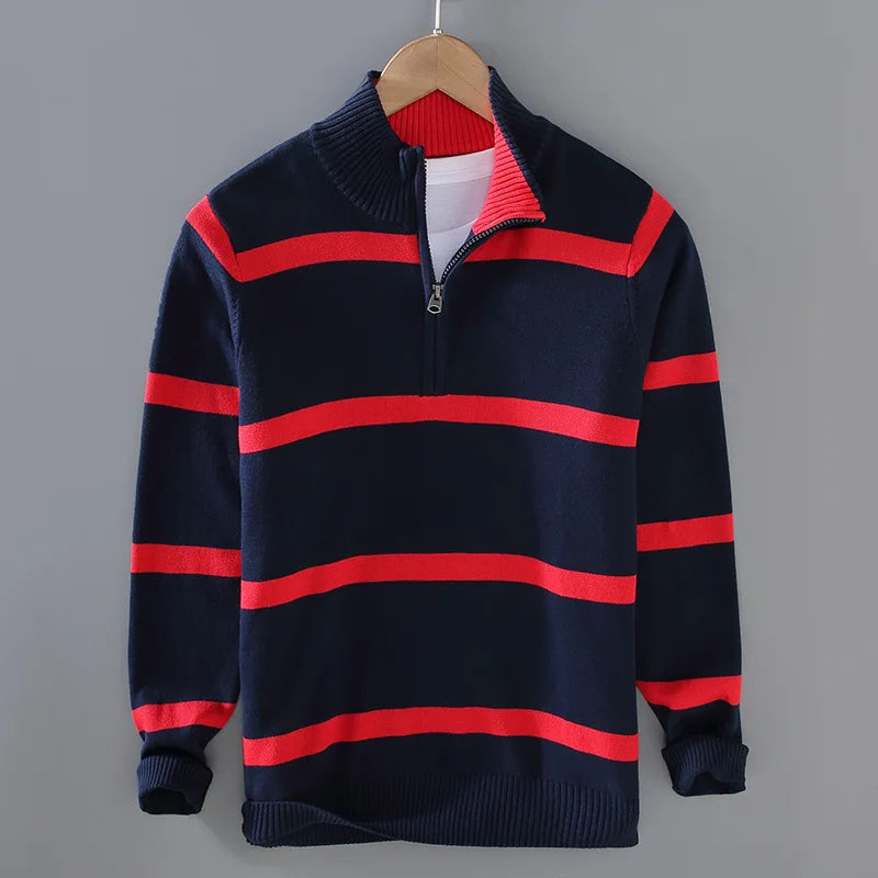 Men's Striped Sweater | Half-Zip Collar & Breathable Comfort