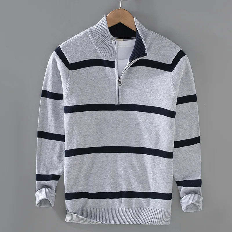 Men's Striped Sweater | Half-Zip Collar & Breathable Comfort