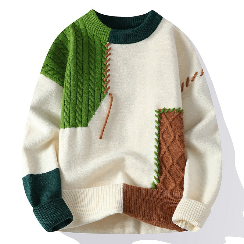 Men's Sweater Cable Knit Pocket Panel Relaxed with Whipstitch Seams