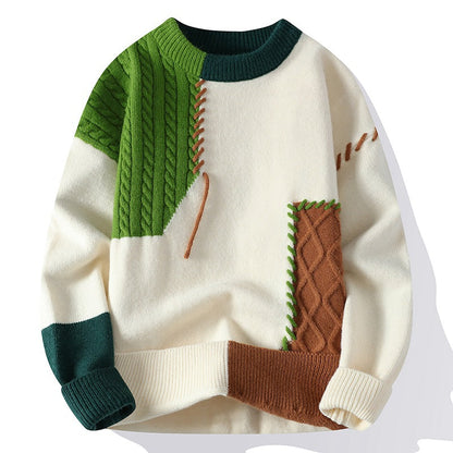 Men's Sweater Cable Knit Pocket Panel Relaxed with Whipstitch Seams