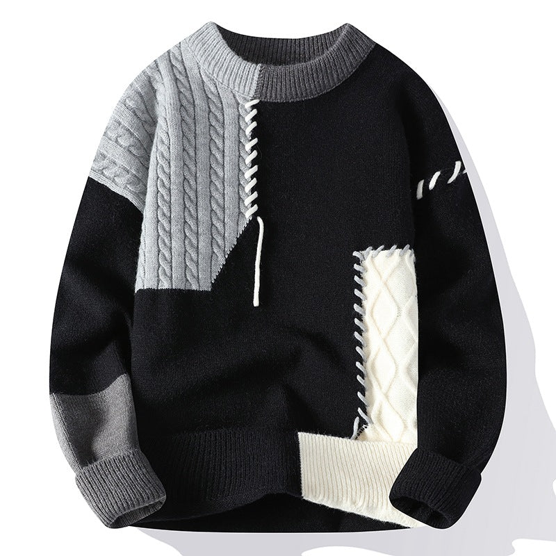 Men's Sweater Cable Knit Pocket Panel Relaxed with Whipstitch Seams