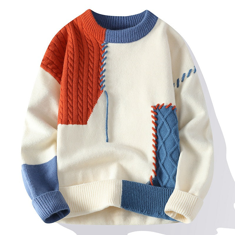 Men's Sweater Cable Knit Pocket Panel Relaxed with Whipstitch Seams