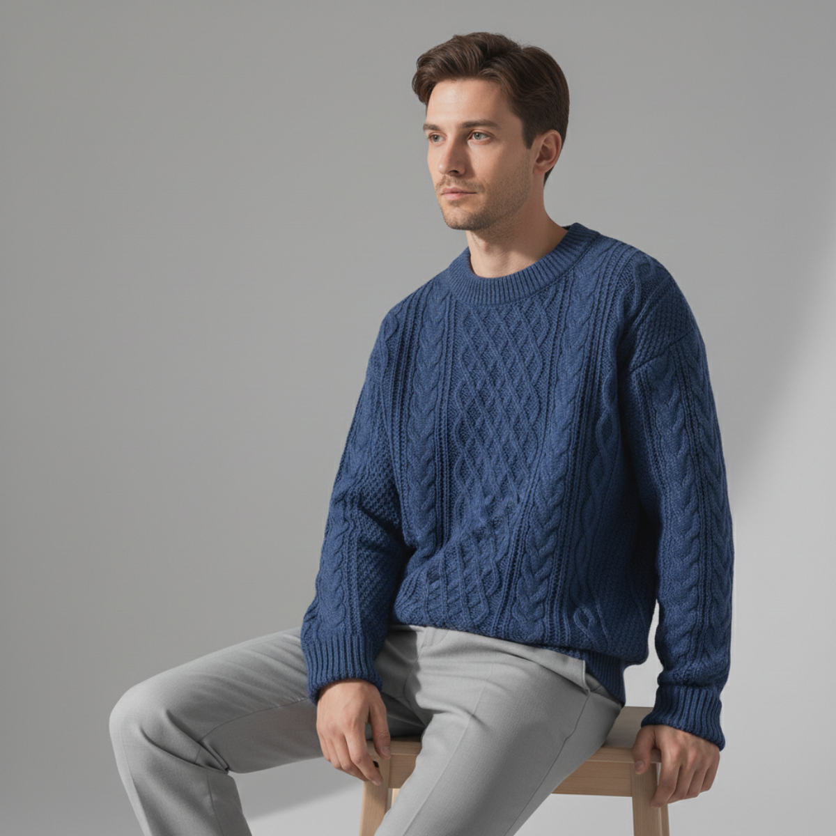 Men's Sweater Ribbed Crew Neckline Diamond Lattice with Stretch Knit