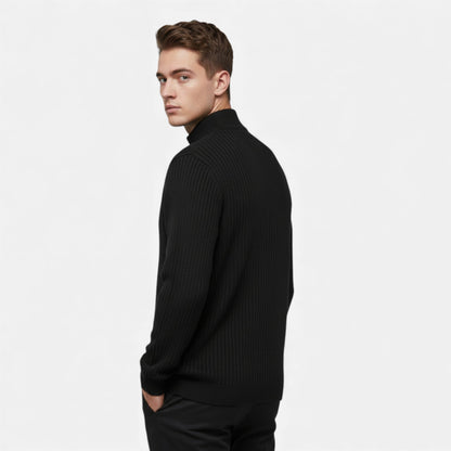 Men's Sweater Zip Up Knit Minimalist Design Stretch with Ribbed Hem
