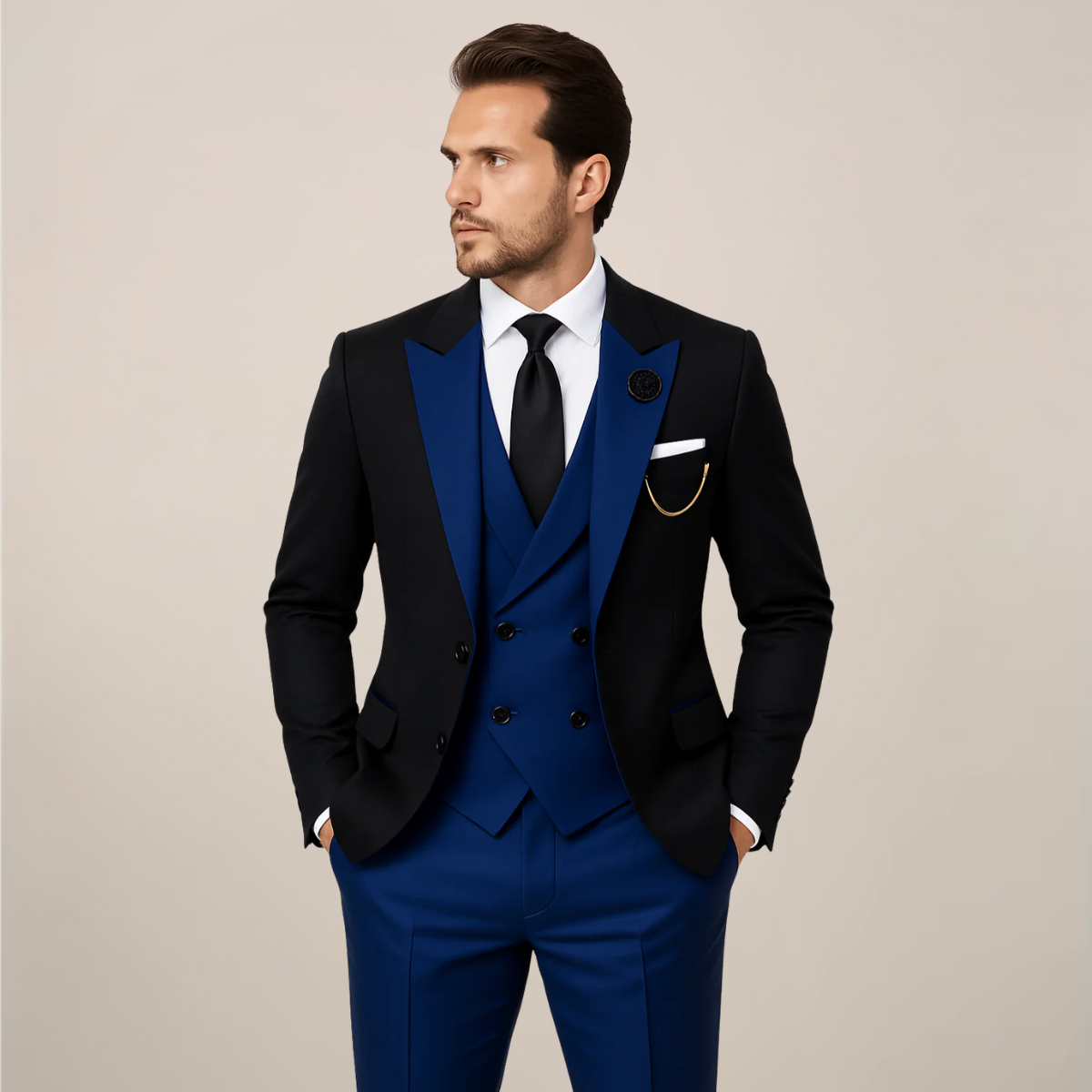 Men's Three-Piece Dinner Suit - Stylish Contrast Lapel