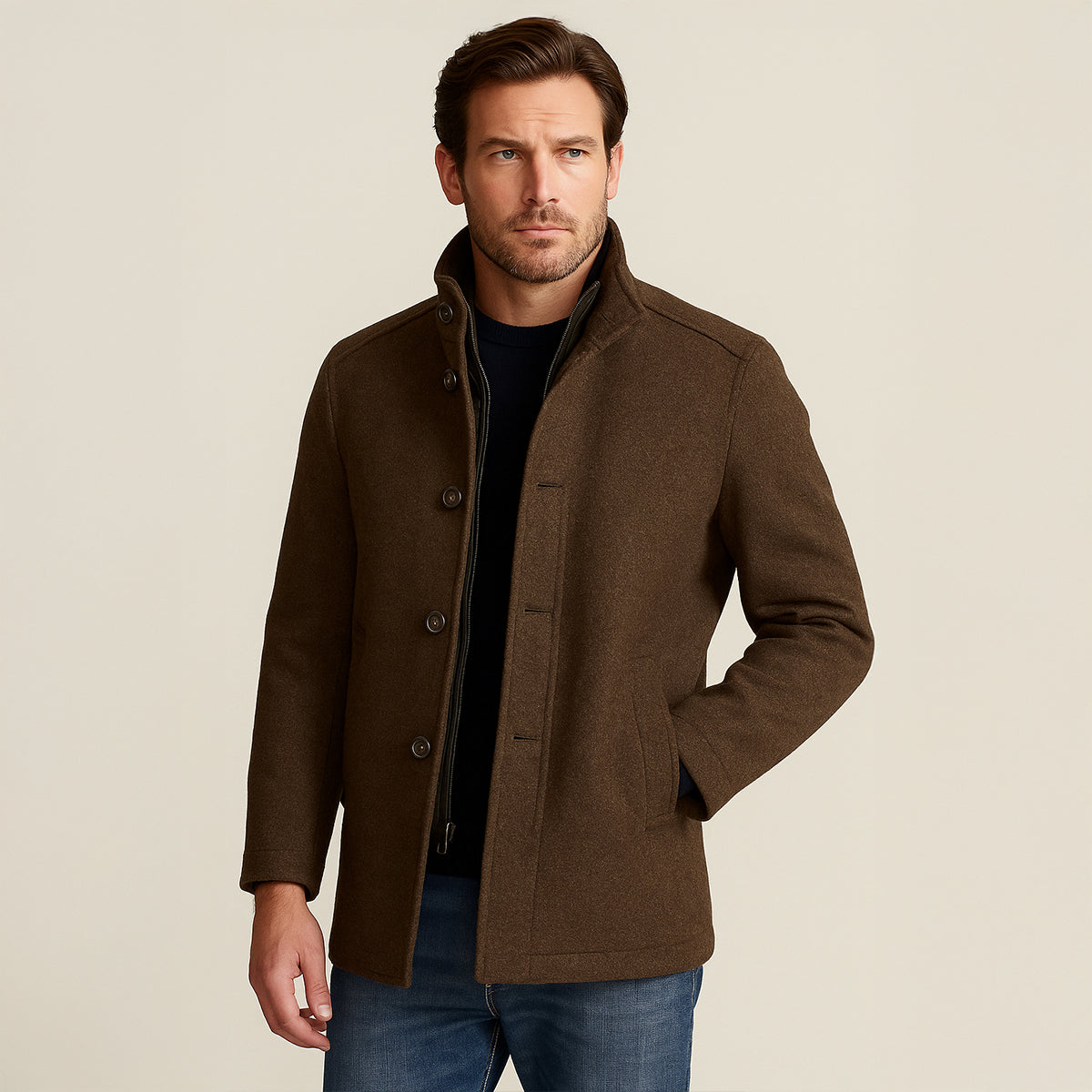 Men's Trench Coat Slim Fit Long Line Button Front with Side Pockets