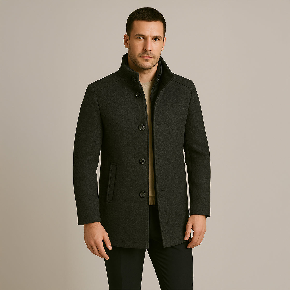 Men's Trench Coat Slim Fit Long Line Button Front with Side Pockets