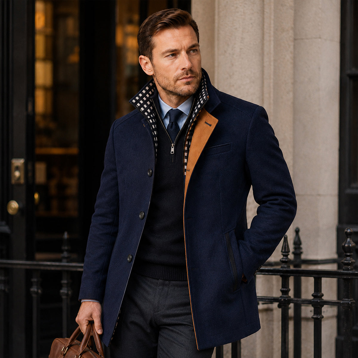 Men's Trench Coat | Stand Collar & Tailored Fit
