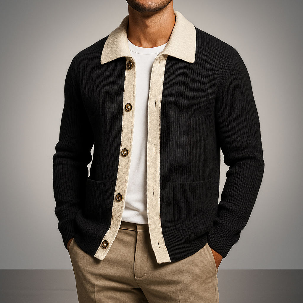 Men's Two-Tone Knit Cardigan Button Placket Winter Sweater 3