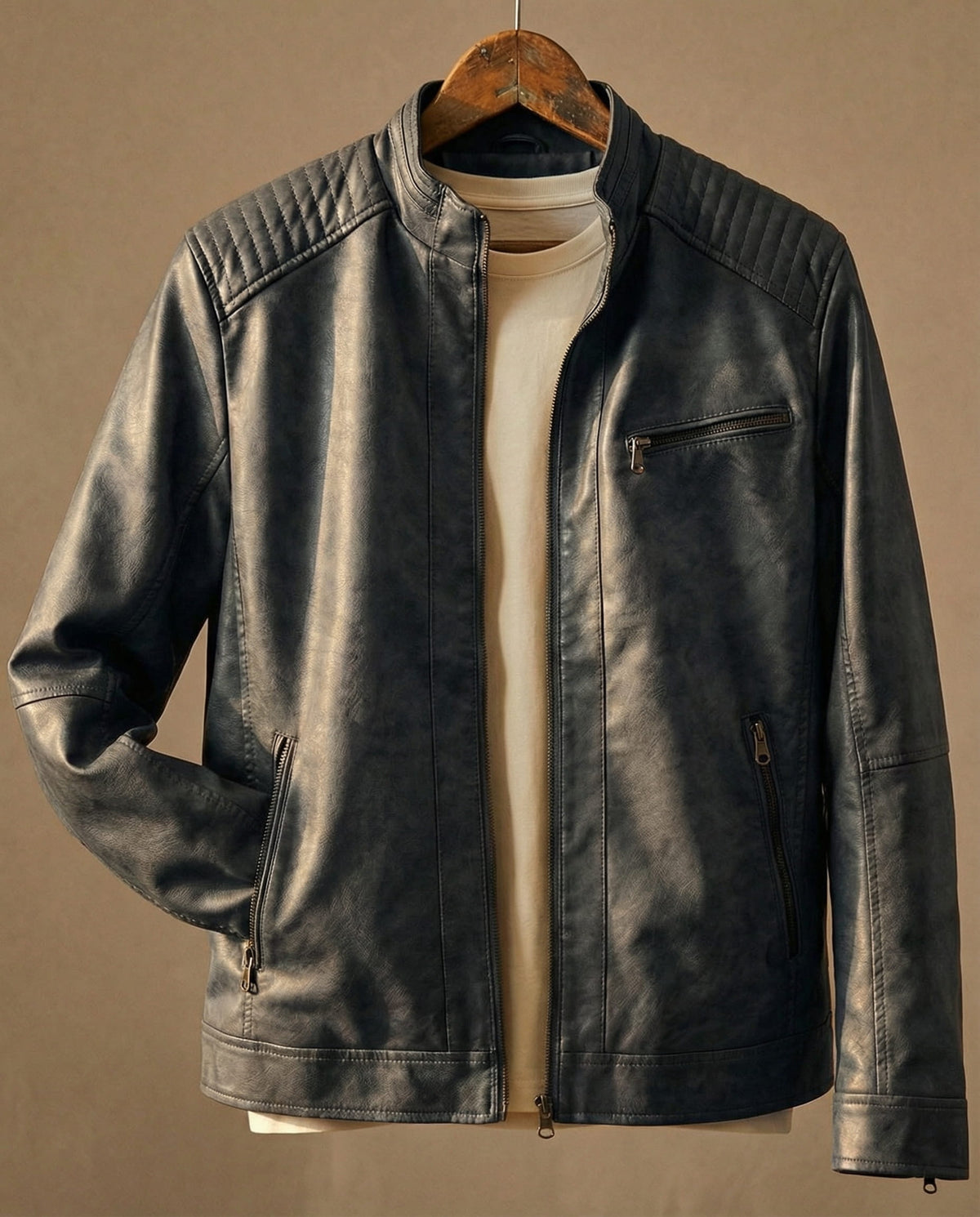 Men's Quilted Shoulder Jacket Structured Zip Pockets 5