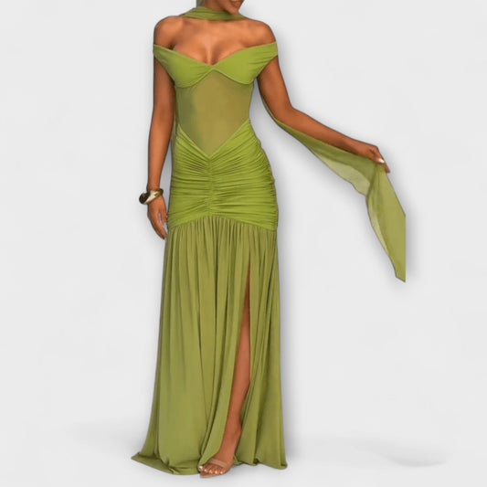 Nicole - Olive Green V-Neck Maxi Dress for Events