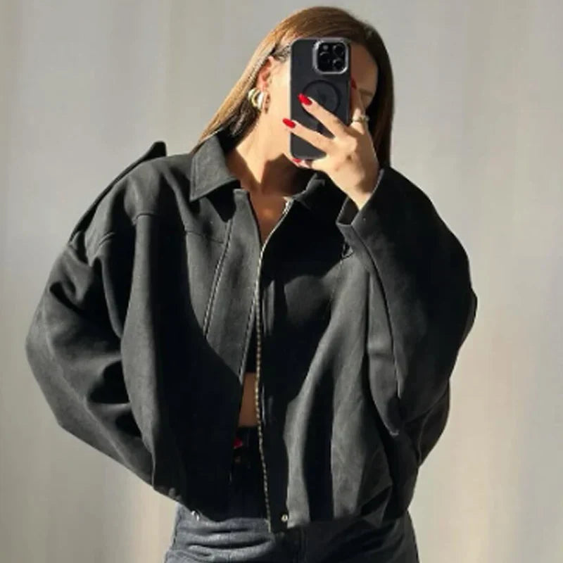 Women's Oversized Cropped Bomber Jacket Zip-Up Design 9