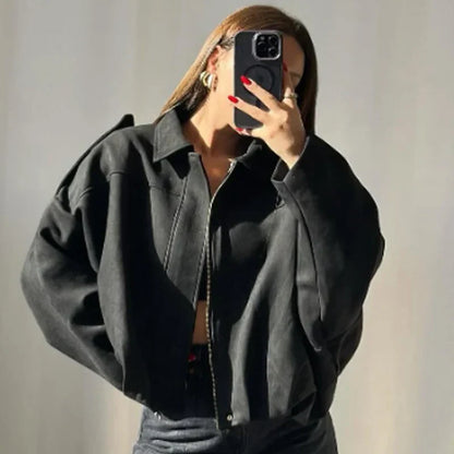 Women's Oversized Cropped Bomber Jacket Zip-Up Design 9