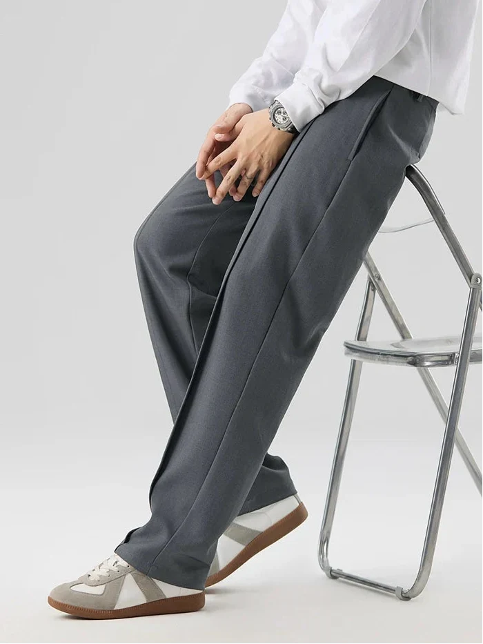Men's Pleated Pants Straight Leg Elastic Waistband Loose Fit 6