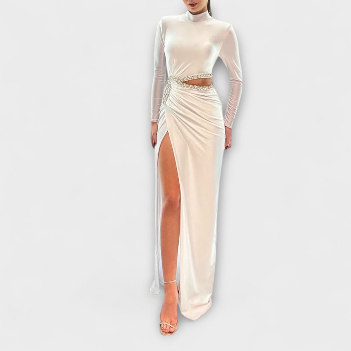 Selah White Long Sleeve Dress with Cutout and Rhinestones for Events
