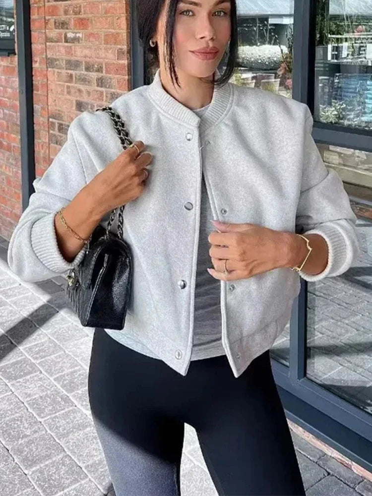 Women's Cropped Bomber Jacket Button-Front Relaxed Fit 1